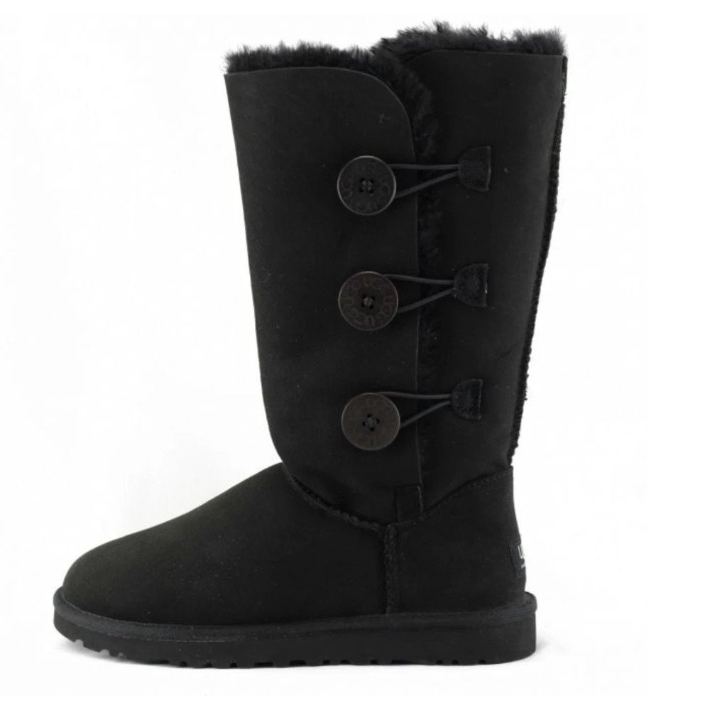 NEW UGG Bailey Button Triplet Boots Kids Size 2 Black Suede Sheepskin 1962K